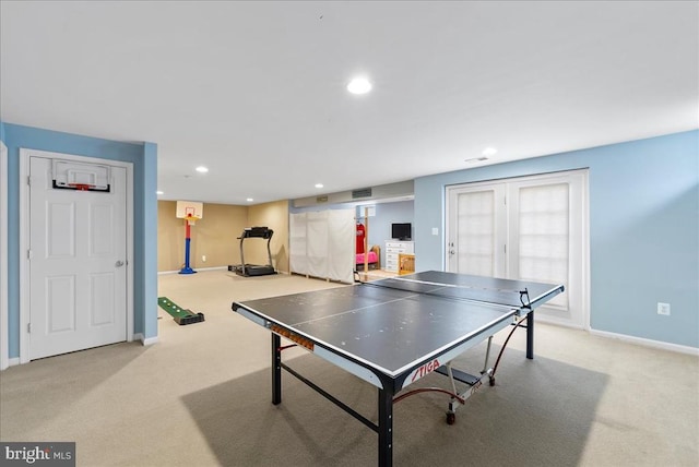 game room with carpet, baseboards, and recessed lighting