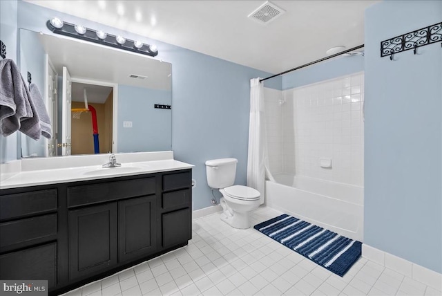 bathroom with visible vents, toilet, tile patterned floors, shower / bath combo with shower curtain, and vanity