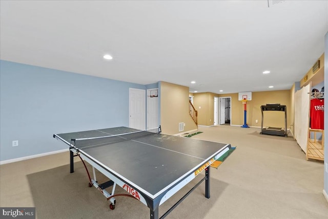 rec room with carpet floors, baseboards, and recessed lighting