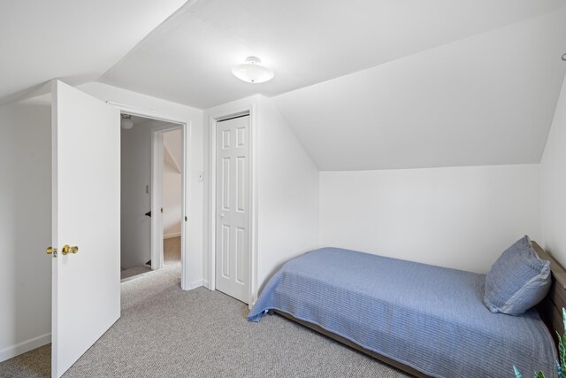 bedroom featuring carpet, lofted ceiling, and a closet