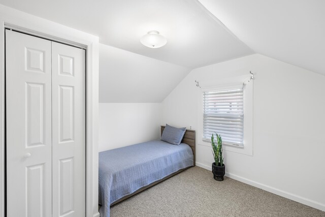 bedroom featuring lofted ceiling, carpet flooring, and a closet