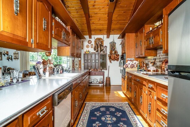 kitchen featuring sink, tasteful backsplash, wooden ceiling, appliances with stainless steel finishes, and beamed ceiling