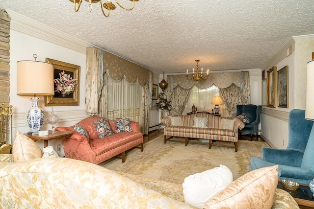 living room featuring crown molding, a baseboard heating unit, a textured ceiling, and an inviting chandelier