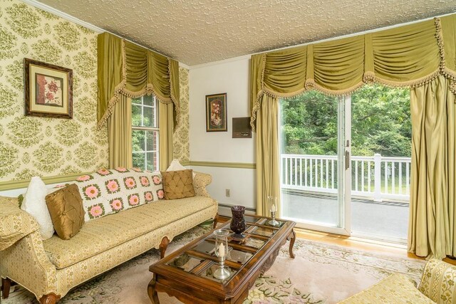 living room featuring crown molding, a textured ceiling, and hardwood / wood-style flooring