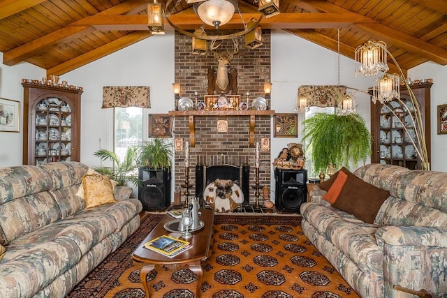 living room featuring wood ceiling, a fireplace, and lofted ceiling with beams