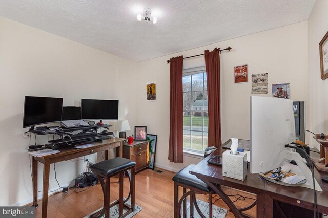 office area with a wealth of natural light, a textured ceiling, and light wood-type flooring