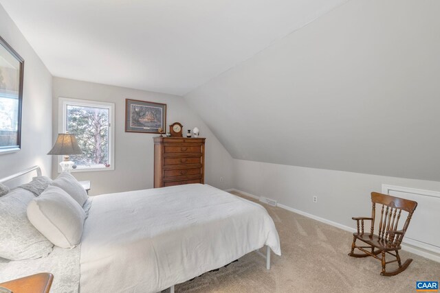 bedroom featuring vaulted ceiling and carpet