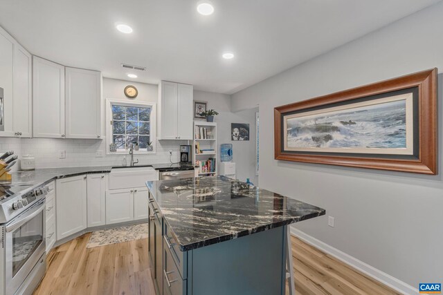 kitchen with sink, appliances with stainless steel finishes, white cabinets, a kitchen island, and decorative backsplash