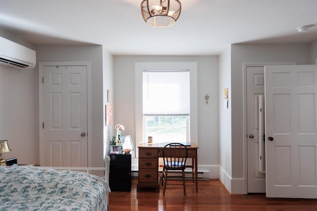 bedroom featuring a wall mounted air conditioner, dark wood-type flooring, a closet, and a baseboard radiator