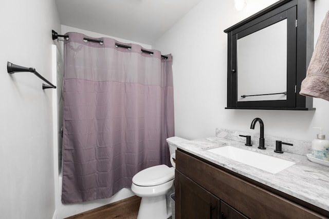 bathroom featuring vanity, wood-type flooring, and toilet