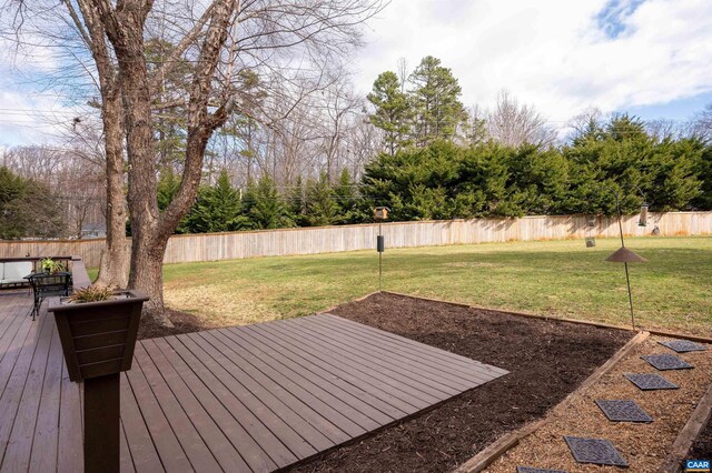 wooden terrace with a yard and a fenced backyard