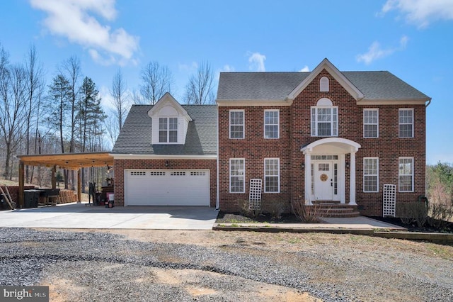 view of front of home featuring concrete driveway, a carport, brick siding, and roof with shingles