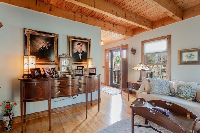 interior space with beamed ceiling, wood ceiling, and wood finished floors