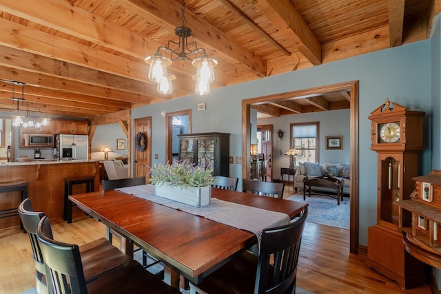 dining area with wood finished floors, wood ceiling, a chandelier, and beam ceiling