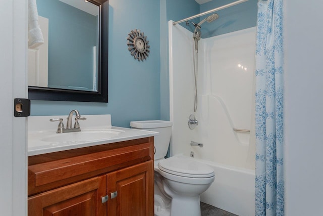 full bathroom featuring shower / bath combination with curtain, toilet, and vanity