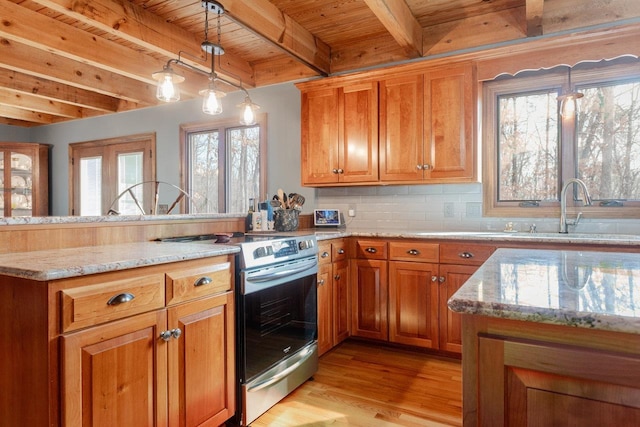 kitchen featuring tasteful backsplash, wood ceiling, light wood-type flooring, stainless steel range with electric stovetop, and a peninsula