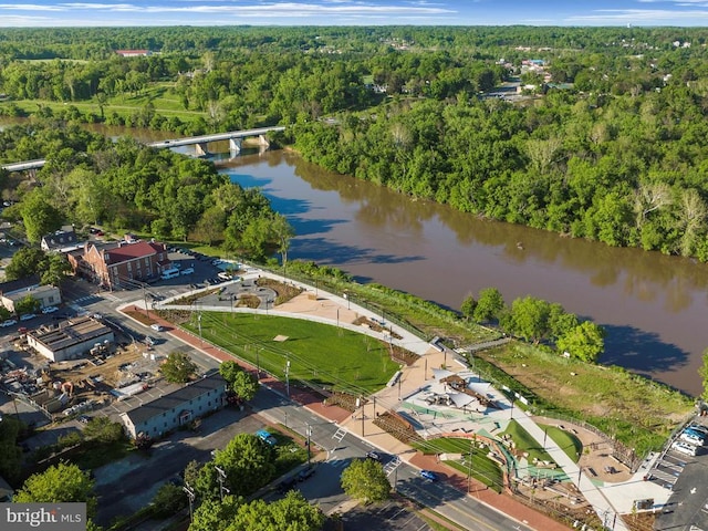 drone / aerial view with a view of trees and a water view