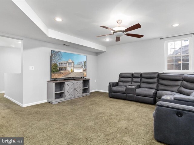 living room featuring recessed lighting, baseboards, carpet, and a ceiling fan