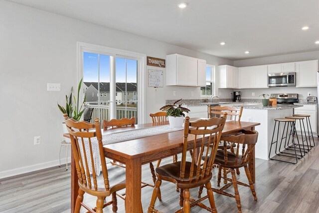 dining space with a healthy amount of sunlight, sink, and light hardwood / wood-style flooring