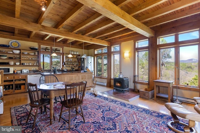 dining room with a wood stove, light wood-style flooring, and a wealth of natural light