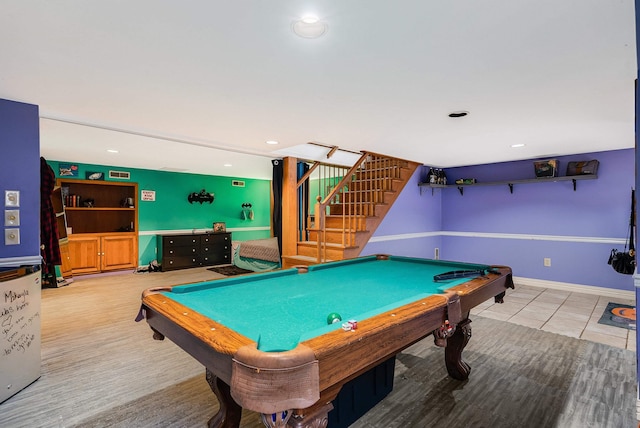 game room with recessed lighting, billiards, and baseboards