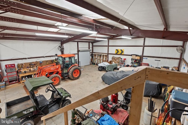 garage with a workshop area