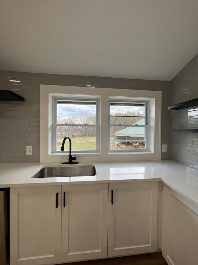 kitchen featuring white cabinetry, plenty of natural light, sink, and backsplash