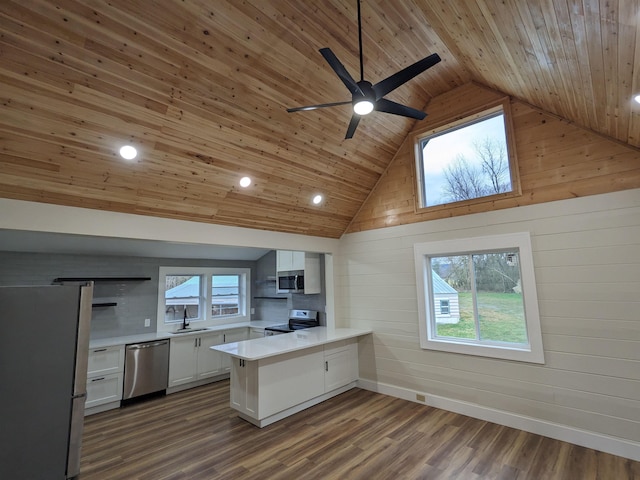 kitchen with sink, appliances with stainless steel finishes, dark hardwood / wood-style floors, white cabinets, and kitchen peninsula