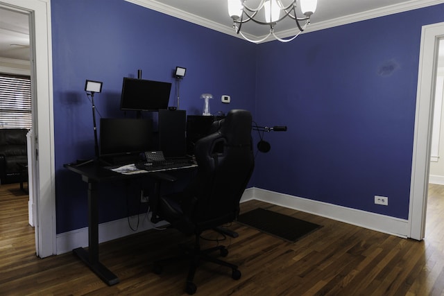 office area with crown molding, dark hardwood / wood-style flooring, and an inviting chandelier