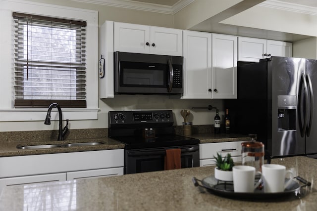 kitchen featuring white cabinetry, black range with electric cooktop, sink, and stainless steel refrigerator with ice dispenser