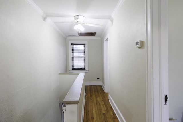 hallway with ornamental molding and dark hardwood / wood-style floors