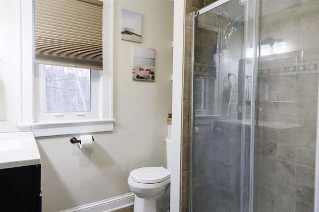 bathroom with vanity, a shower with door, and toilet