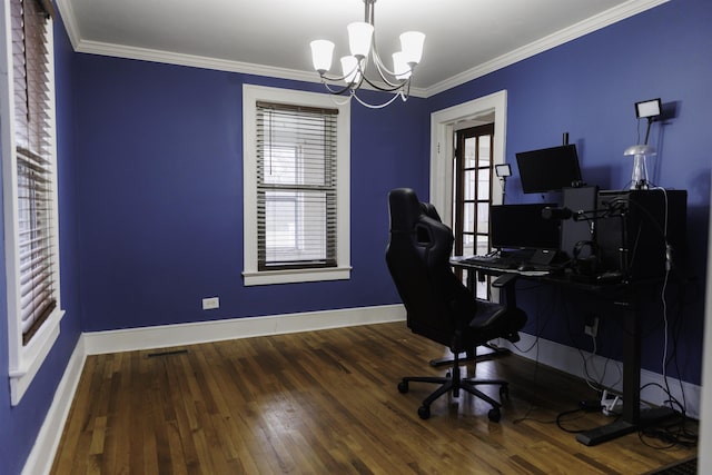 office space featuring ornamental molding, dark wood-type flooring, and an inviting chandelier