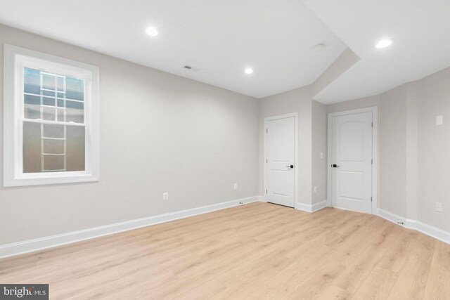 empty room with light hardwood / wood-style flooring