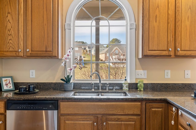 kitchen featuring a sink, brown cabinets, and stainless steel dishwasher