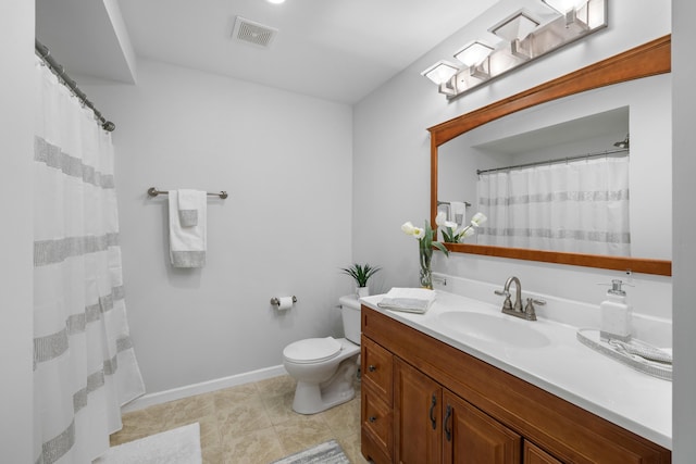 full bathroom with visible vents, toilet, tile patterned flooring, baseboards, and vanity