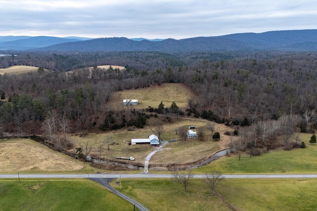 bird's eye view featuring a mountain view and a rural view