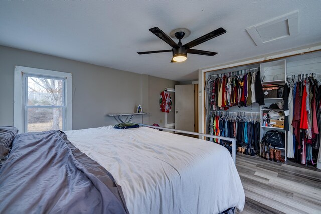 bedroom featuring a closet, ceiling fan, and light wood-type flooring