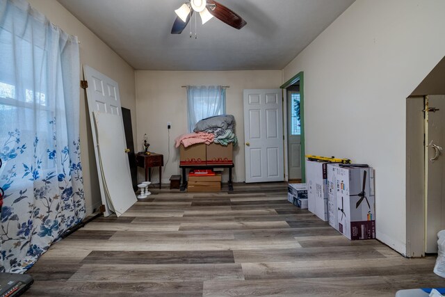 entryway featuring wood-type flooring and ceiling fan