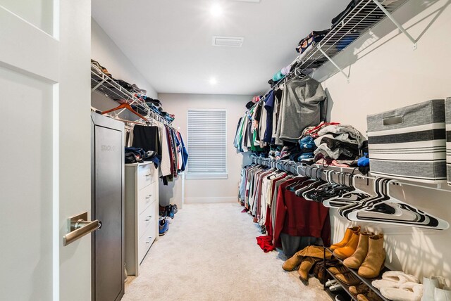 spacious closet featuring light carpet