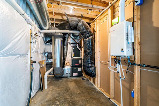 utilities featuring heating unit and tankless water heater