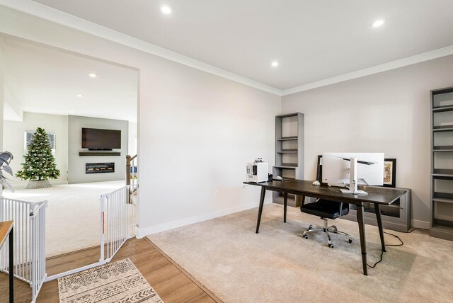 office featuring crown molding, light hardwood / wood-style flooring, and a large fireplace