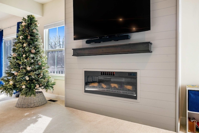 details featuring a fireplace and carpet flooring