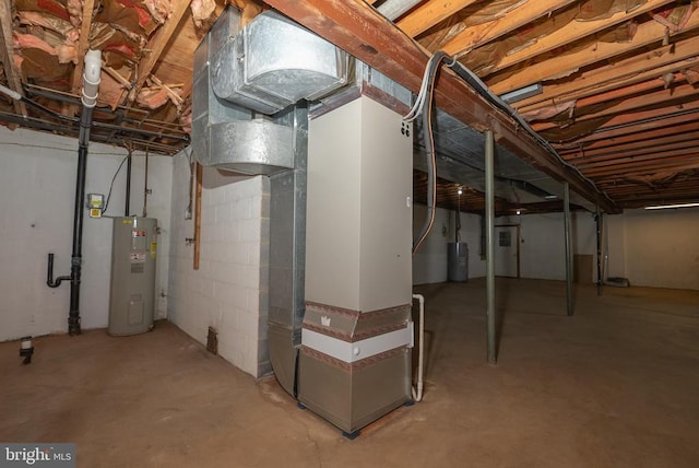 unfinished basement with water heater and heating unit