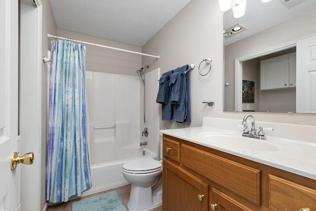 bathroom with toilet, vanity, and shower / tub combo with curtain