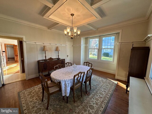 dining area featuring an inviting chandelier, coffered ceiling, wood-type flooring, and ornamental molding