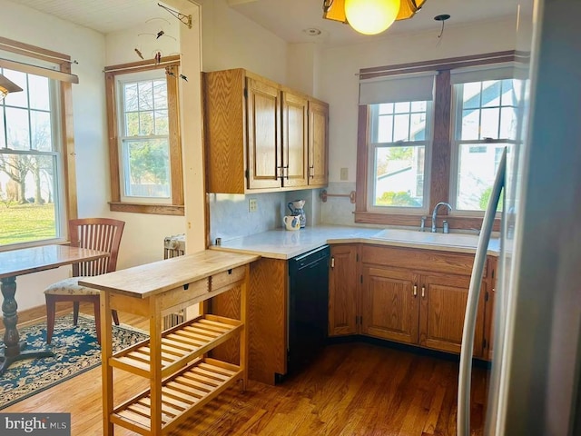 kitchen with dark wood-type flooring, a sink, black dishwasher, tasteful backsplash, and light countertops