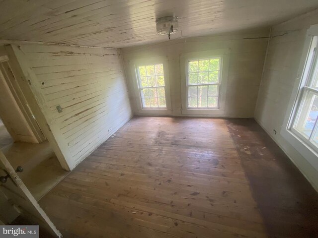 spare room featuring dark wood-type flooring, wood ceiling, and wood walls