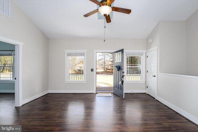 foyer featuring dark wood finished floors, a healthy amount of sunlight, and visible vents