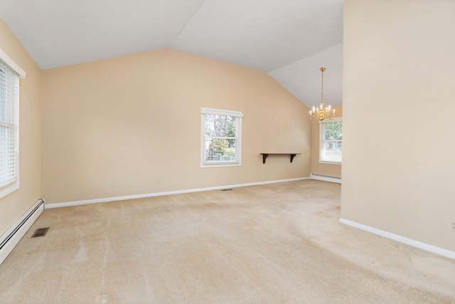 unfurnished room with vaulted ceiling, carpet, baseboards, and a baseboard radiator